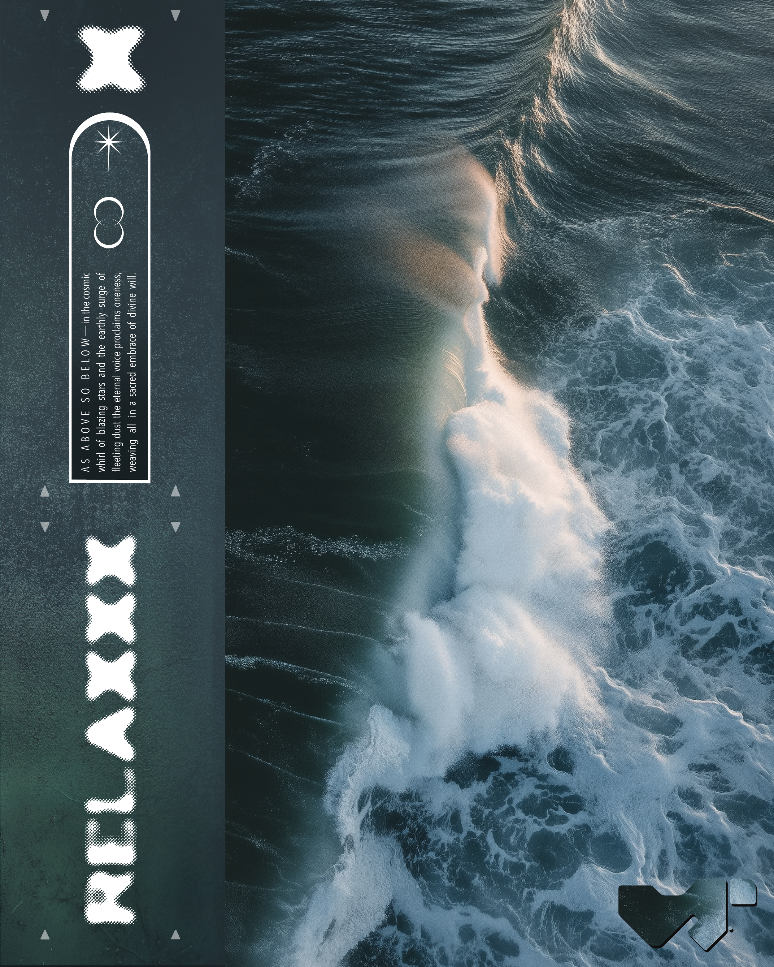 An aerial view of ocean waves crashing, with a text overlay describing the cosmic nature of the waves and their spiritual significance.