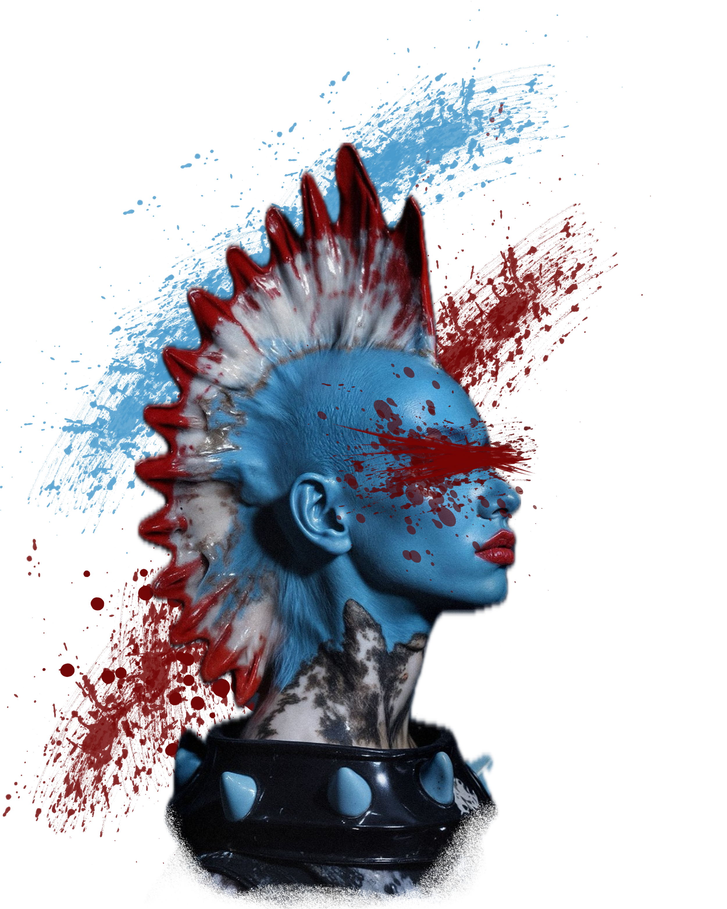 A stylized portrait of a woman with blue skin, wearing a punk hairstyle and a spiked collar, with paint splatter effects and vibrant colors.