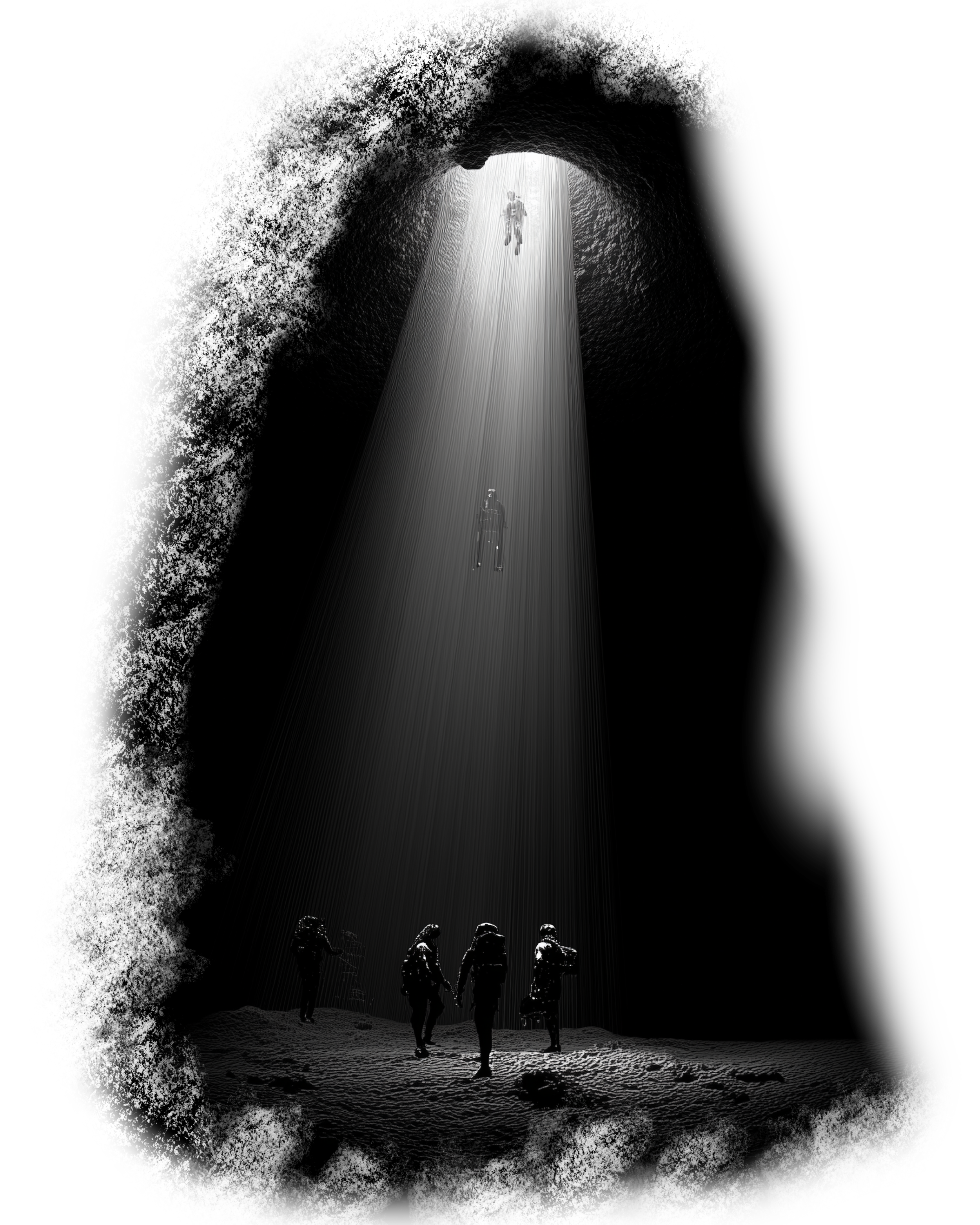 Four astronauts entering a dark cavern with a beam of light shining down, illuminating two astronauts floating or descending from above.