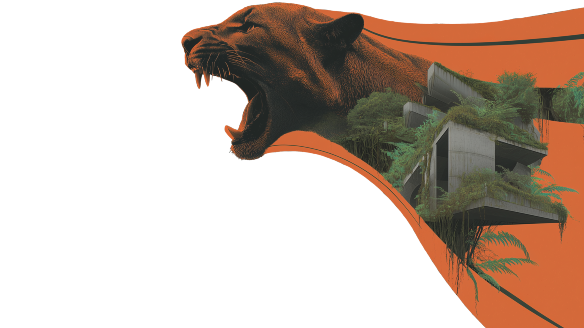 A digitally illustrated image of a roaring lion's head with a modern, lush building integrated into its mane, set against an orange background.