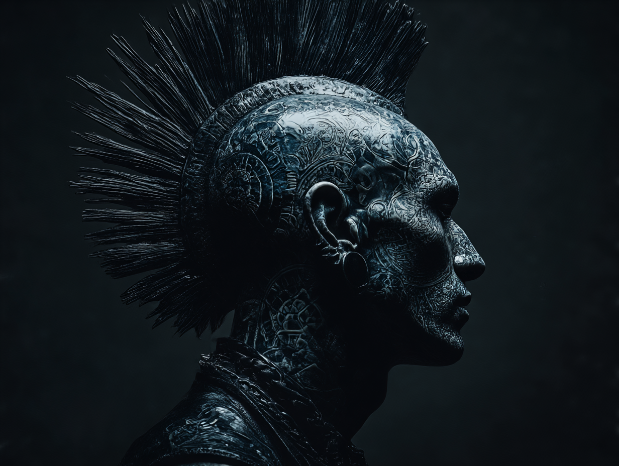 A dark metallic sculpture of a human profile with intricate engravings, adorned with a large earring, and featuring a prominent feathered headdress or crown.