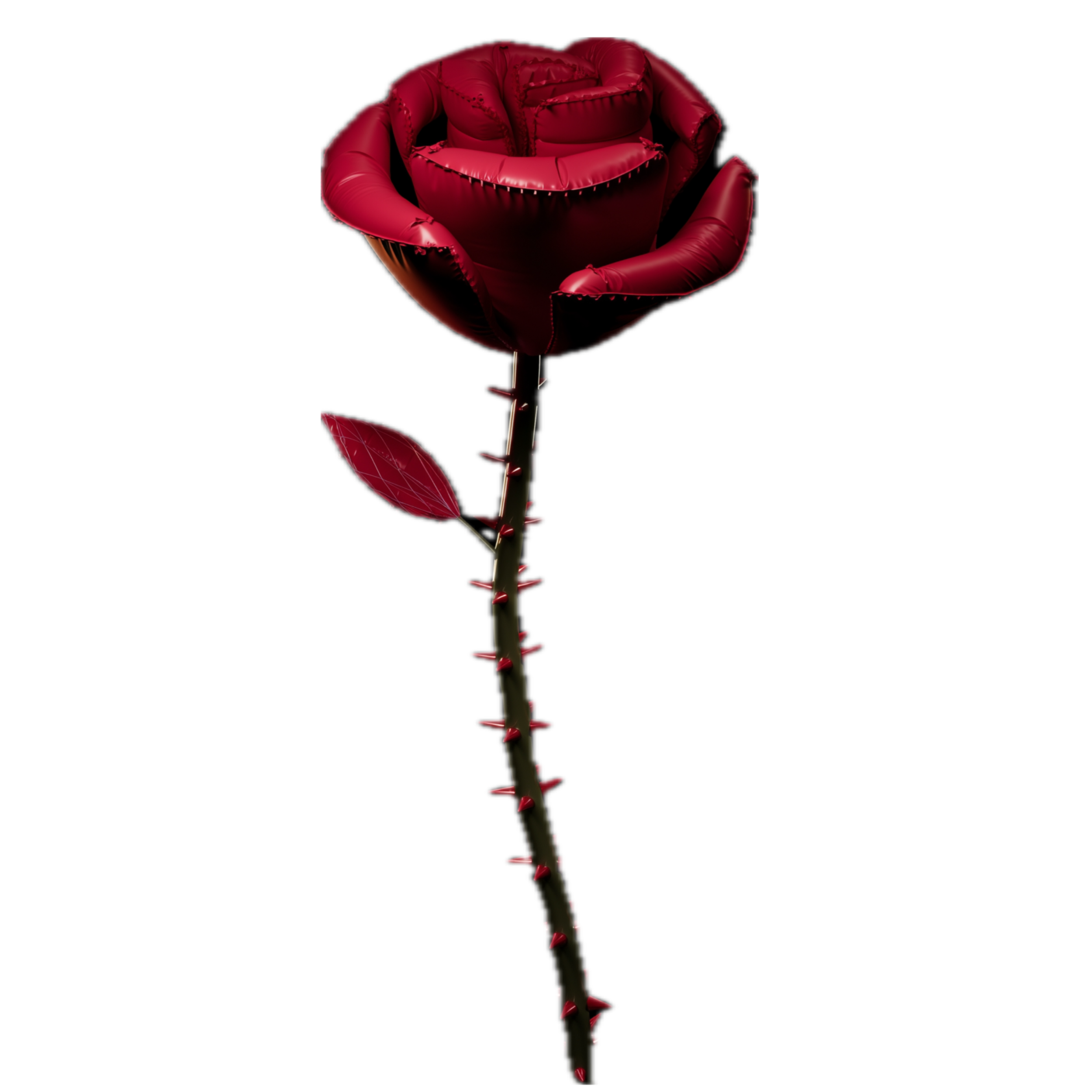 A red balloon shaped like a rose with a thorny stem and a leaf, set against a black background.