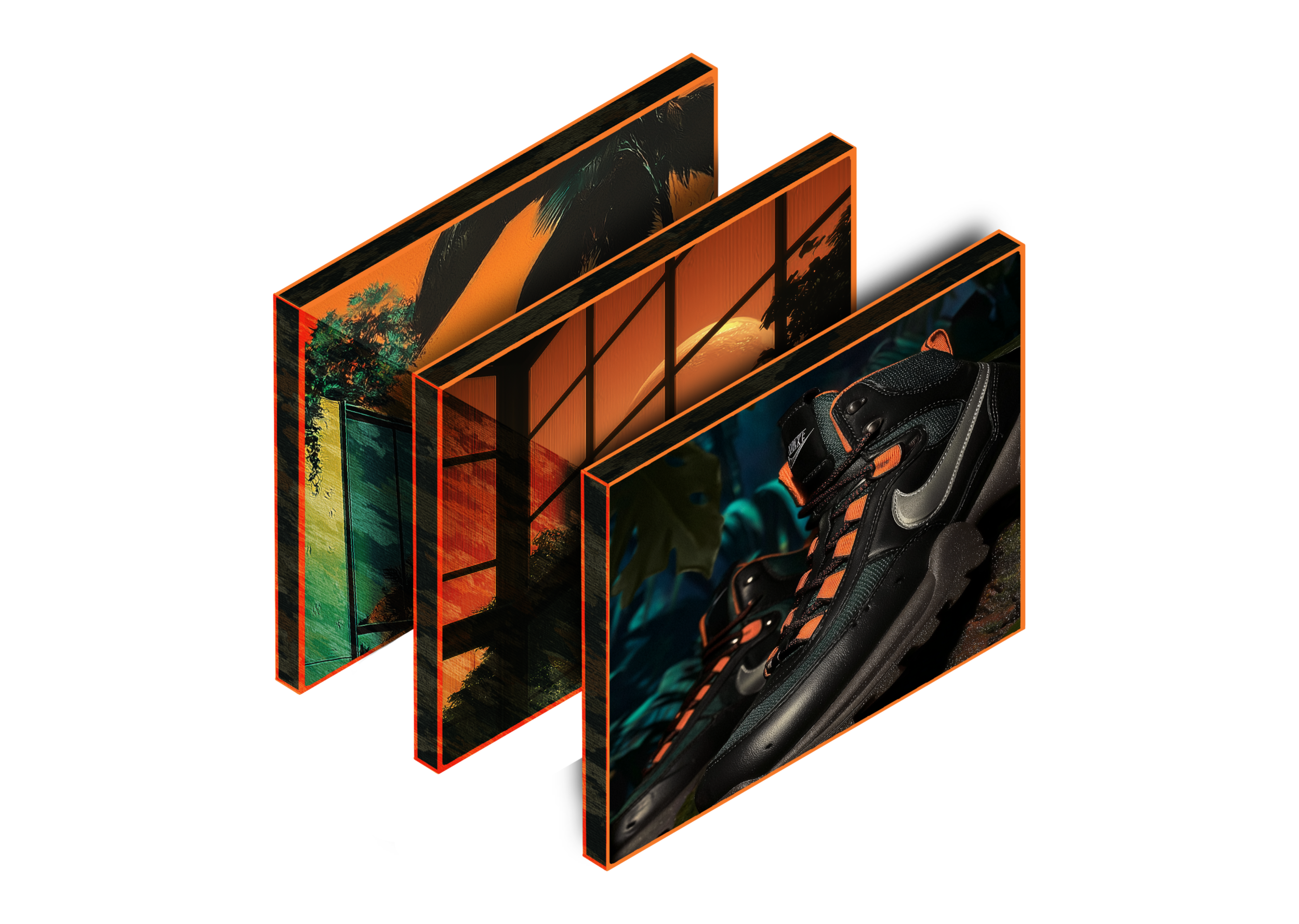 Multiple layers of digital images including nature scenes and a pair of black Nike sneakers with orange accents.