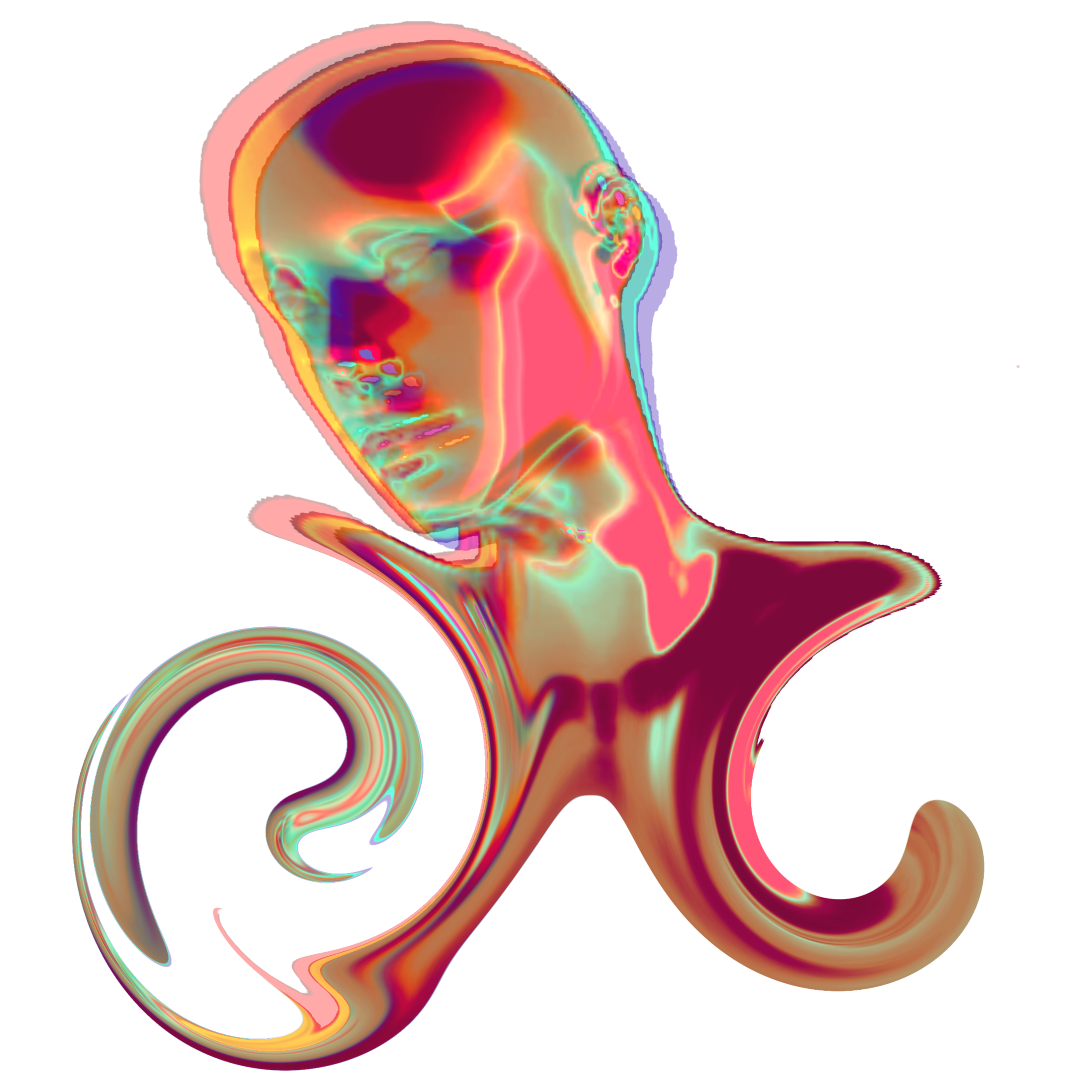 A digital, colorful, abstract rendering of an octopus with a human-like face, exhibiting vibrant hues of red, orange, pink, green, and blue on a black background.