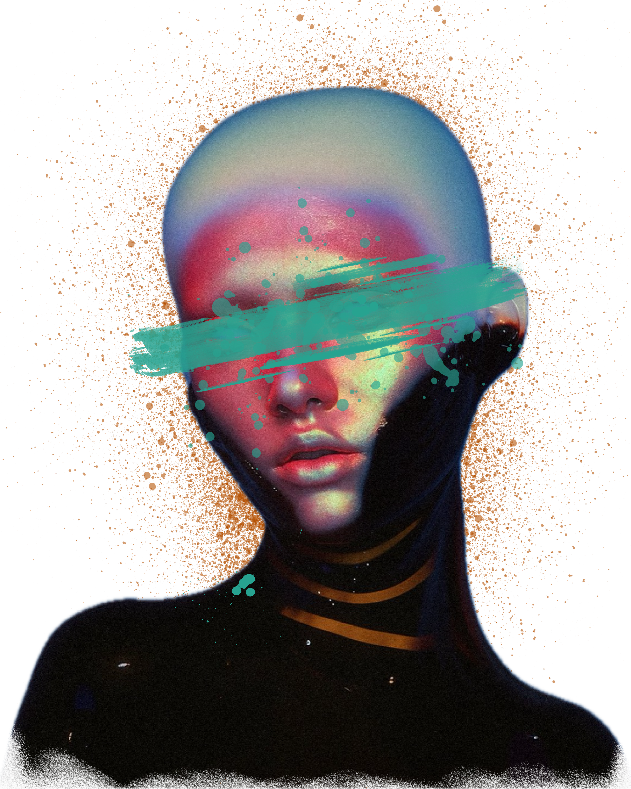 A futuristic digital art portrait of a woman with a large, glowing, semi-transparent, pale blue dome-shaped headpiece. Her face is illuminated with soft pink and purple hues, and she has a serious expression. She wears a black outfit with high neckline and striped collar details, with a background of digital noise and vibrant colors.