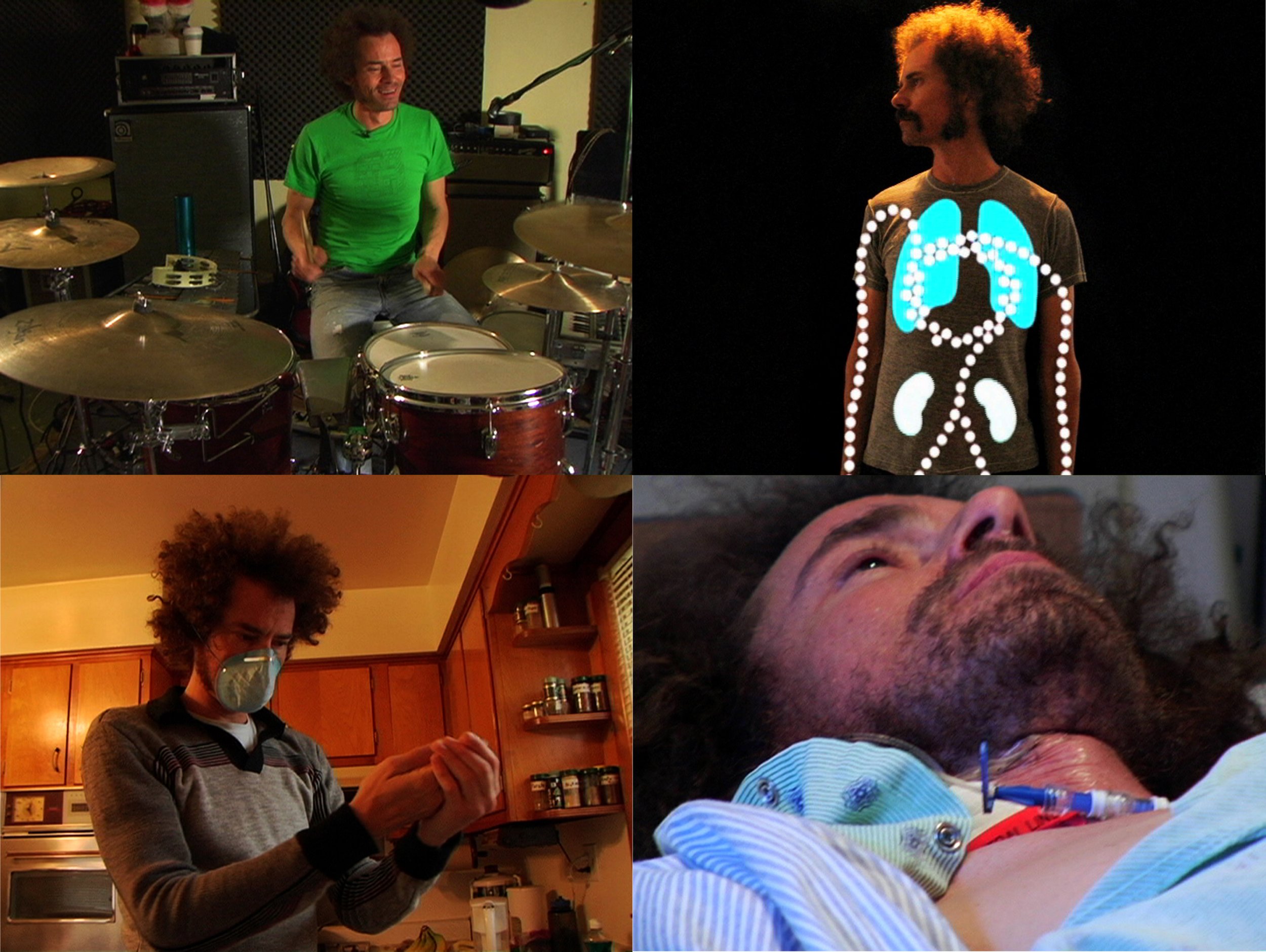 Collage of four photos featuring a man with curly hair and a beard in various situations. The top left shows him smiling while sitting behind a drum set in a music studio. The top right depicts him with a digital body model and highlighted lungs on a