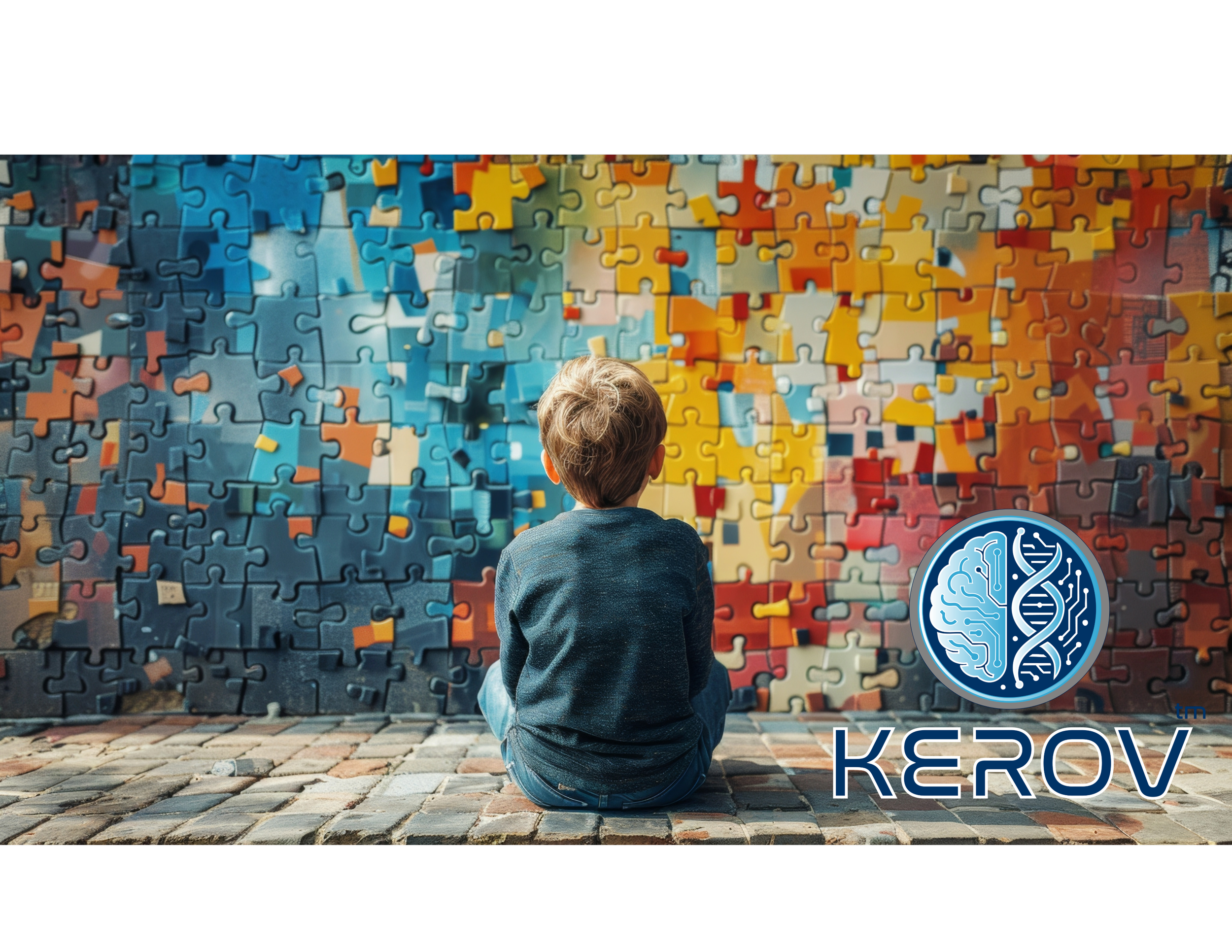 Child sitting in front of colorful puzzle wall representing brain health and neurofeedback therapy at Kerov Health