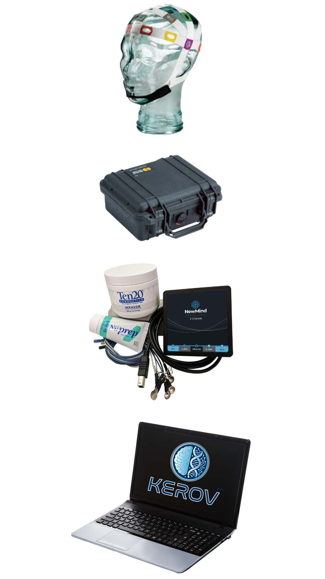 Kerov Health at-home neurofeedback kit — EEG sensor cap, carrying case, amplifier, and laptop with software
