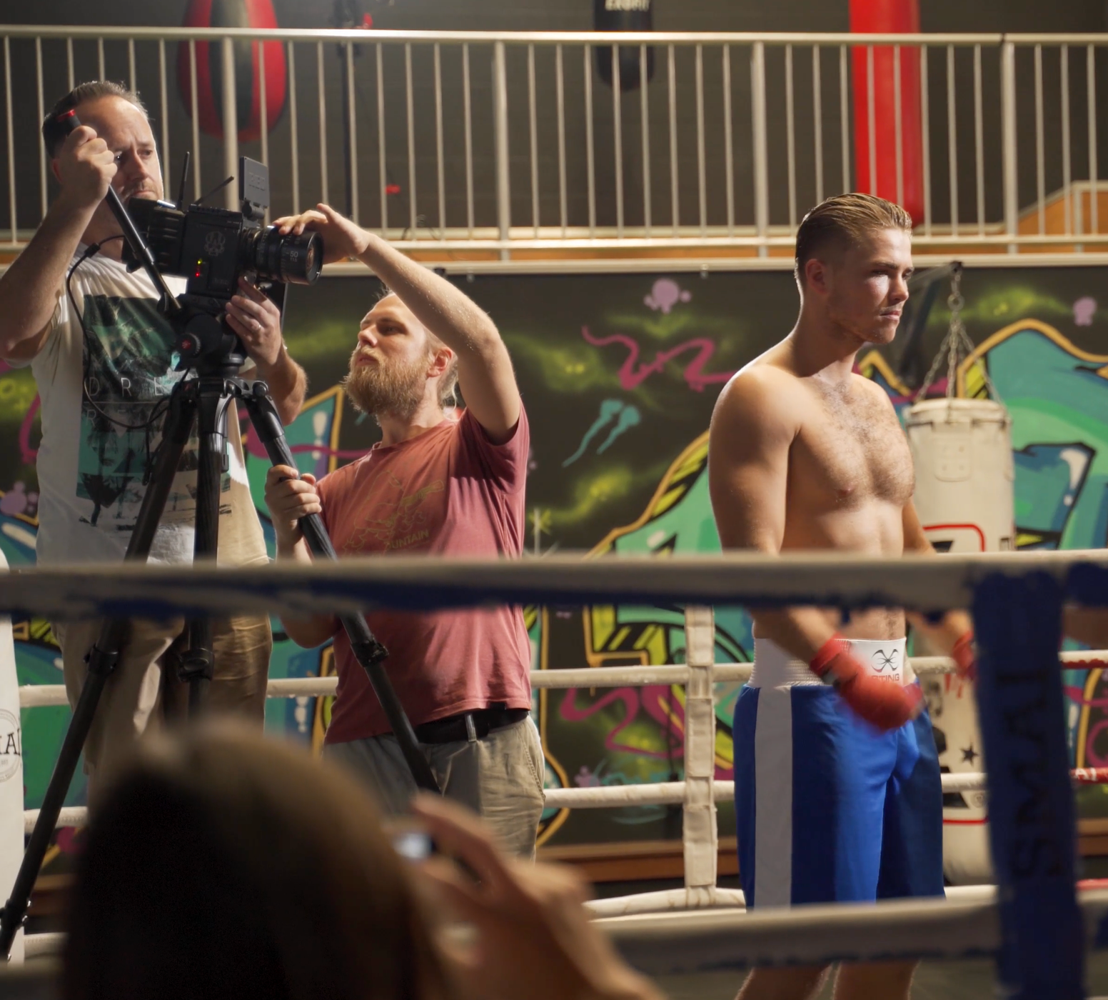 Jackson Kubian featuring in a short film - acting on screen as protagonist in a boxing film.