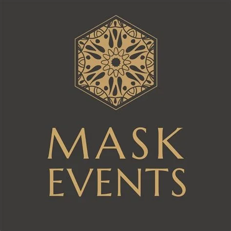 Logo for Mask Events with a decorative gold hexagon design above the text.