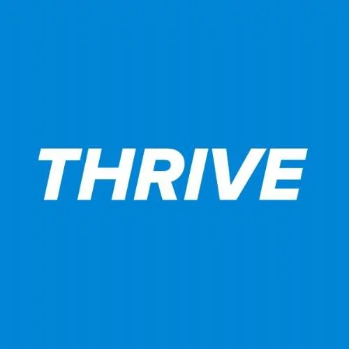 Blue background with the word 'THRIVE' in bold white letters.