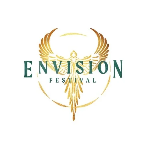 Logo for Envision Festival featuring a golden bird or phoenix with outstretched wings and the words 'Envision Festival' in green text.