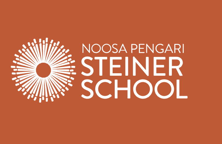 Logo for Noosa Pengari Steiner School with an abstract circular design on an orange background.
