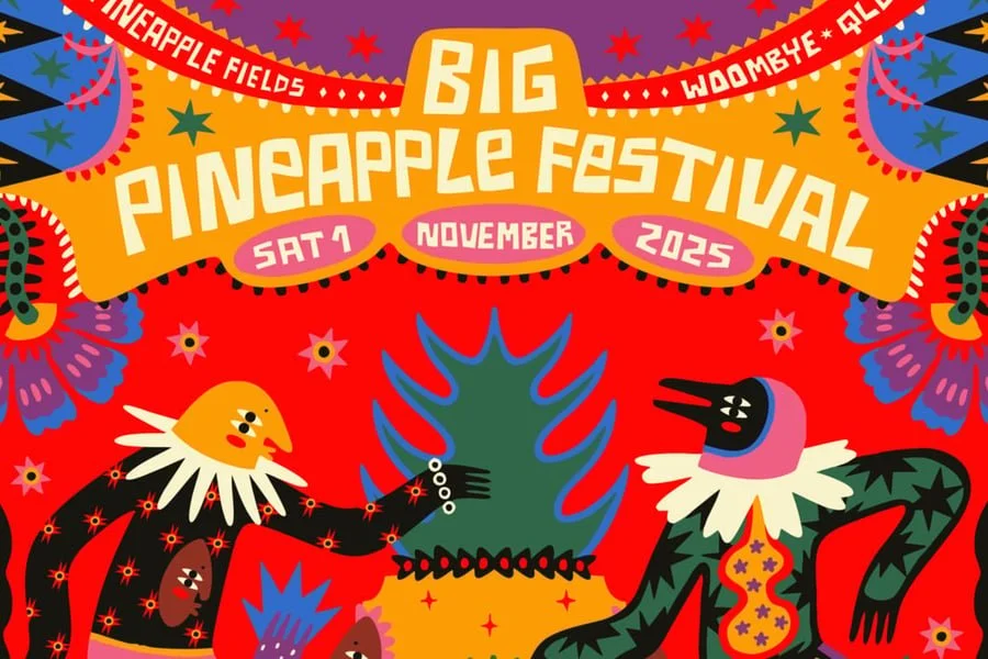 Colorful poster for the Big Pineapple Festival 2025, featuring a red background, festive butterflies, and illustrated characters in costumes with decorative elements.