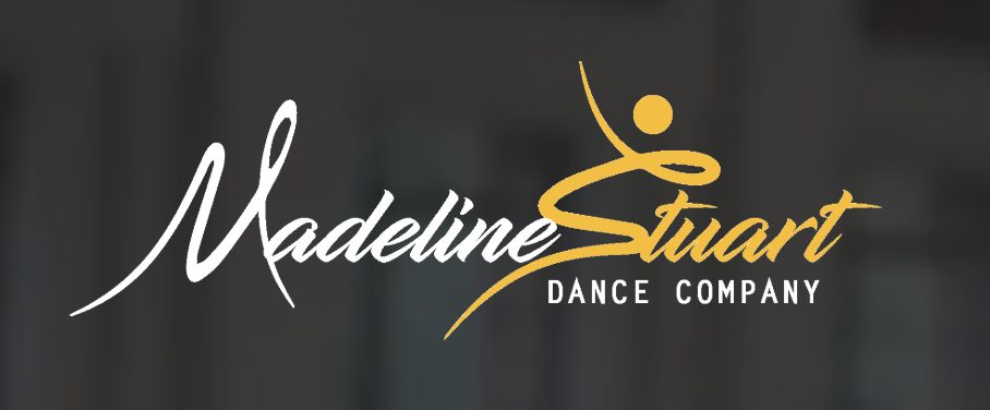 Logo for Madeline Stuart Dance Company with stylized text and a yellow dancer icon.