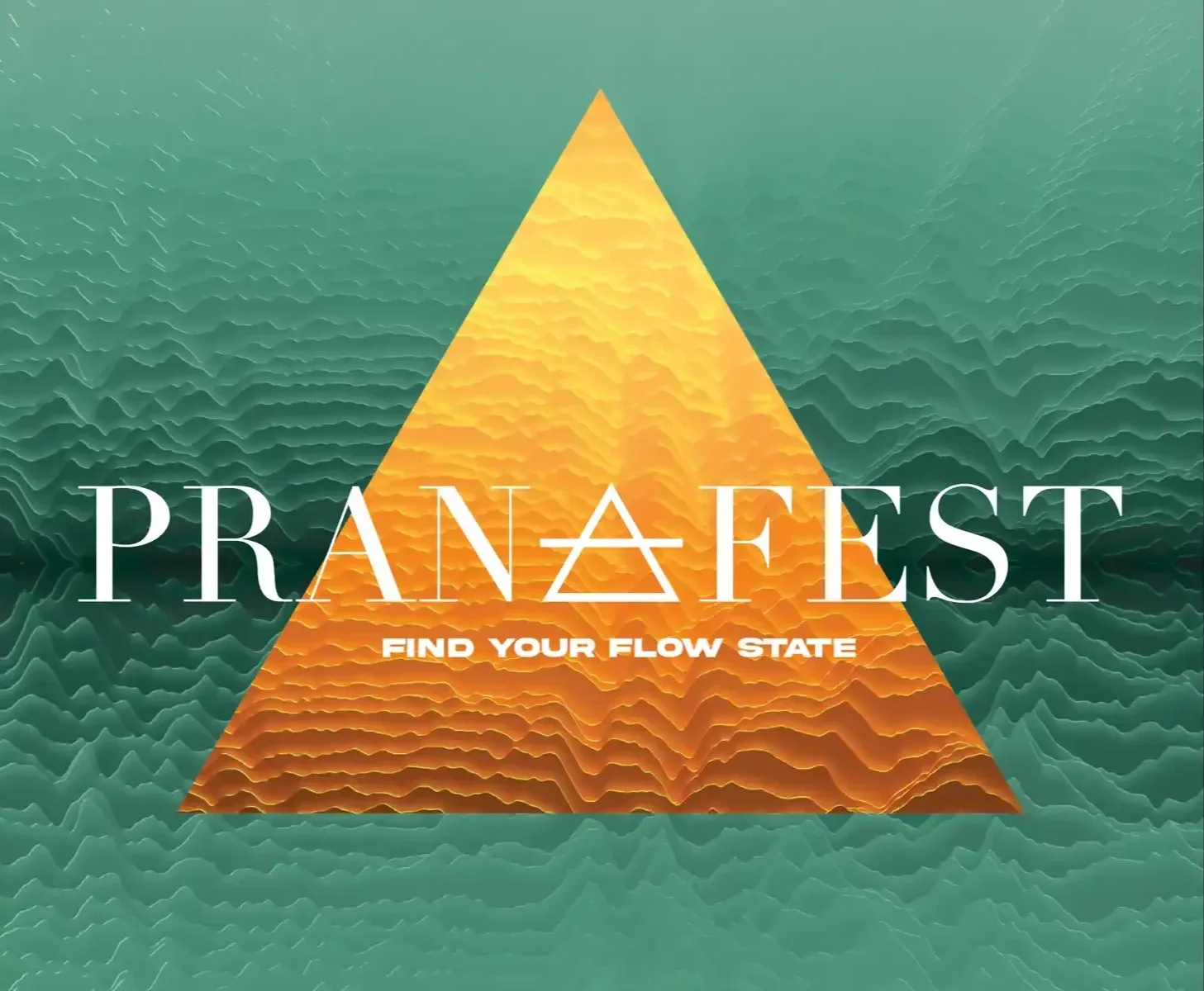 A graphic design with a triangle in the center, featuring layered terrain in shades of orange and yellow. The background is a greenish textured field. Text on the triangle reads 'PRANA FEST' with a subtitle 'FIND YOUR FLOW STATE'.