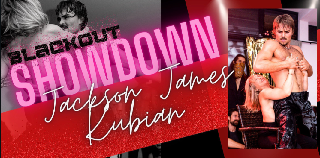 Promotional graphic for showout by Jackson James Kubian, featuring a photo of a man holding a woman and several other people in a lively indoor setting.