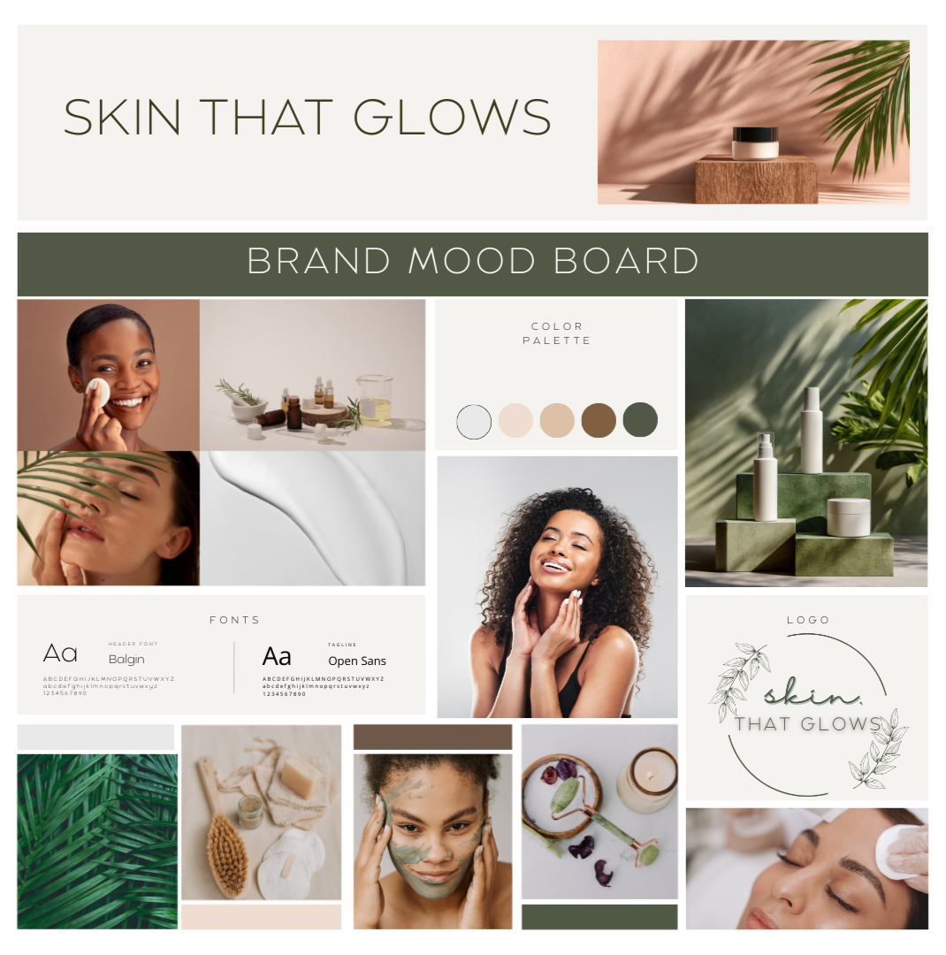 Brand mood board for skin care products featuring natural tones, skincare bottles, ingredients, and models with clear skin, with text 'Skin that Glows' and 'Brand Mood Board'.