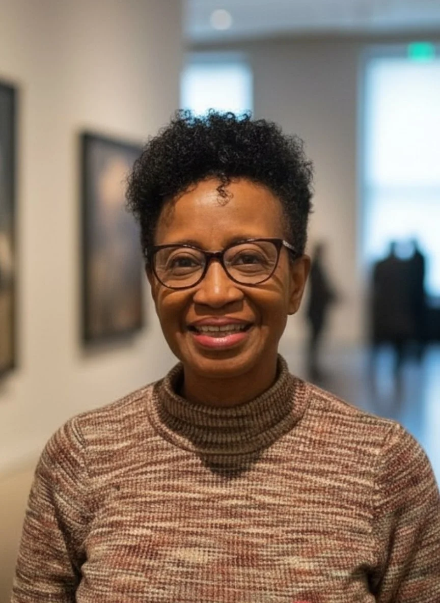 A woman with short curly hair and glasses, smiling, wearing a patterned turtleneck sweater, standing in an art gallery.