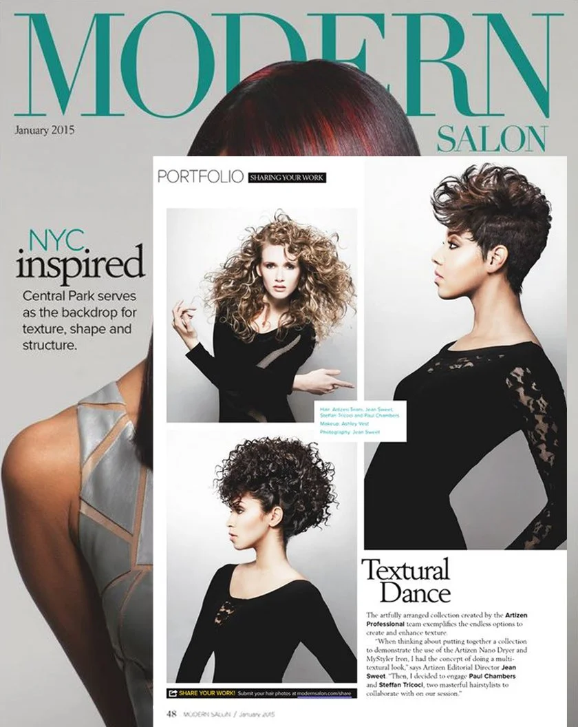 Page from Modern Salon magazine showing three women with diverse and textured hairstyles. The headline reads 'Textural Dance,' highlighting creative hair styling. The layout emphasizes modern, artistic hair design with descriptive text about hair art
