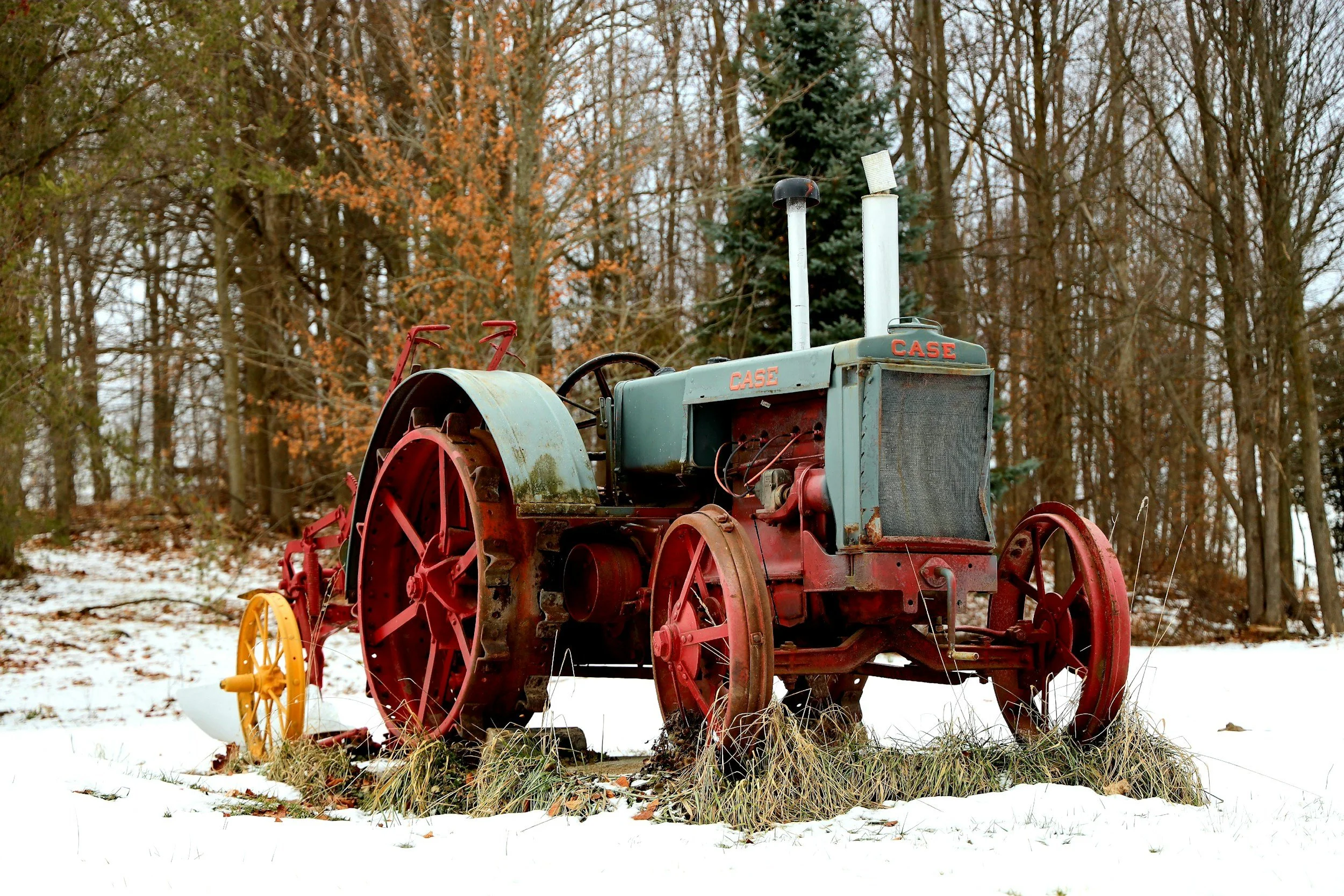 An old vintage CASE tractor in a snowy field with brown and green trees in the background.