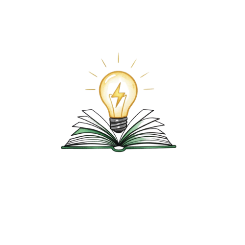 A light bulb with a lightning bolt inside, positioned above an open book with glowing pages, and light rays extending outward.