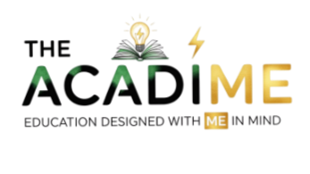A colorful text graphic reading 'ACADEME' with a lightbulb icon at the top center and a lightning bolt symbol at the top right corner, set against a black background.