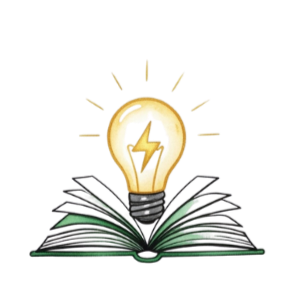 Open book with a glowing light bulb emerging from it, symbolizing ideas and knowledge.