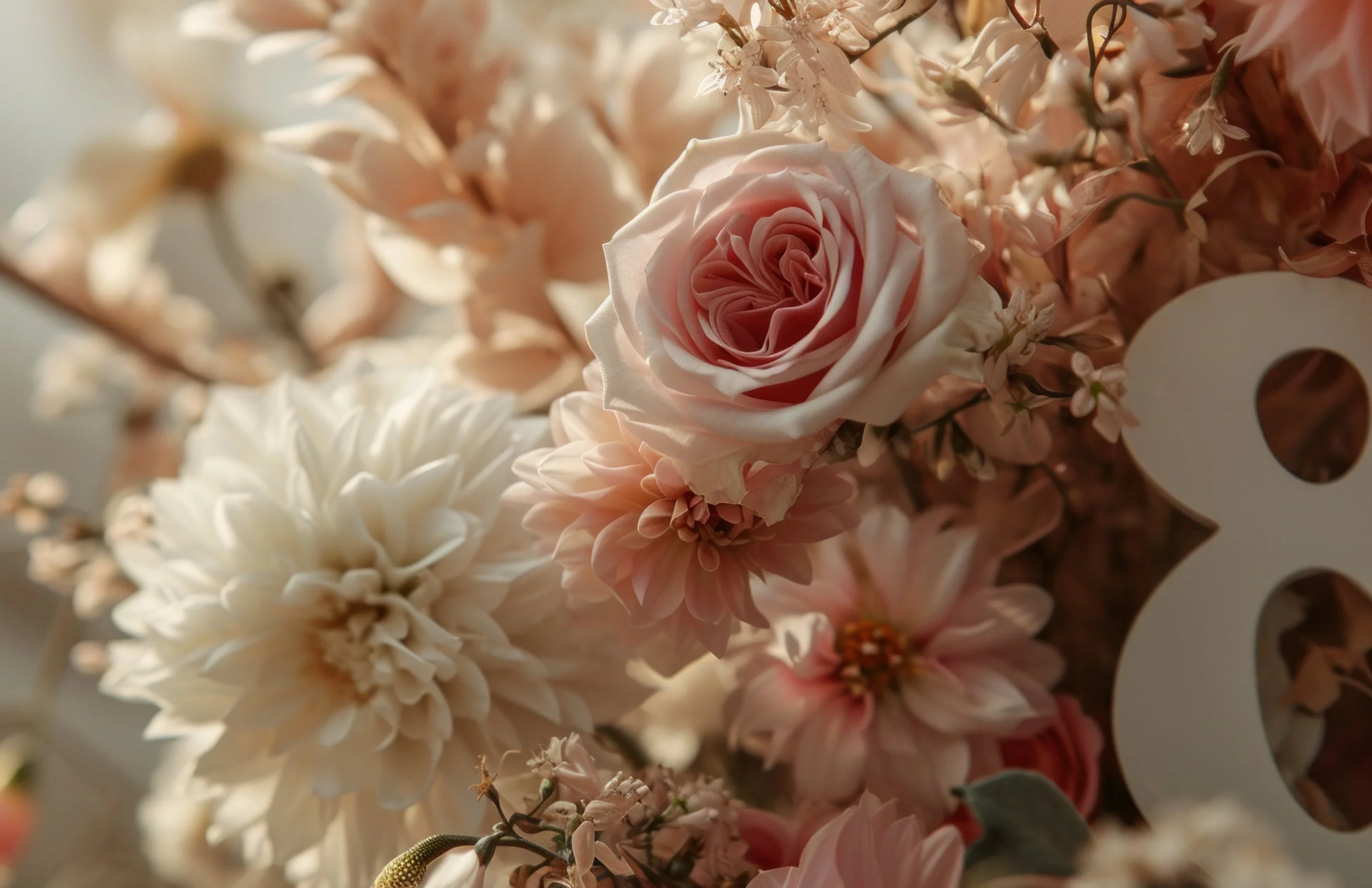 Close-up of a bouquet of light pink and white flowers including roses and dahlias.