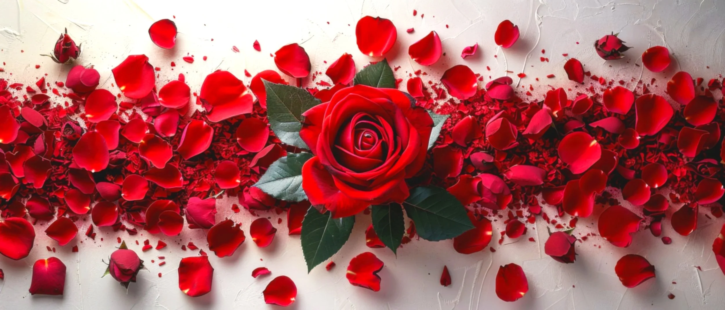 A single red rose surrounded by scattered red rose petals and black rose flower buds on a light-colored surface.