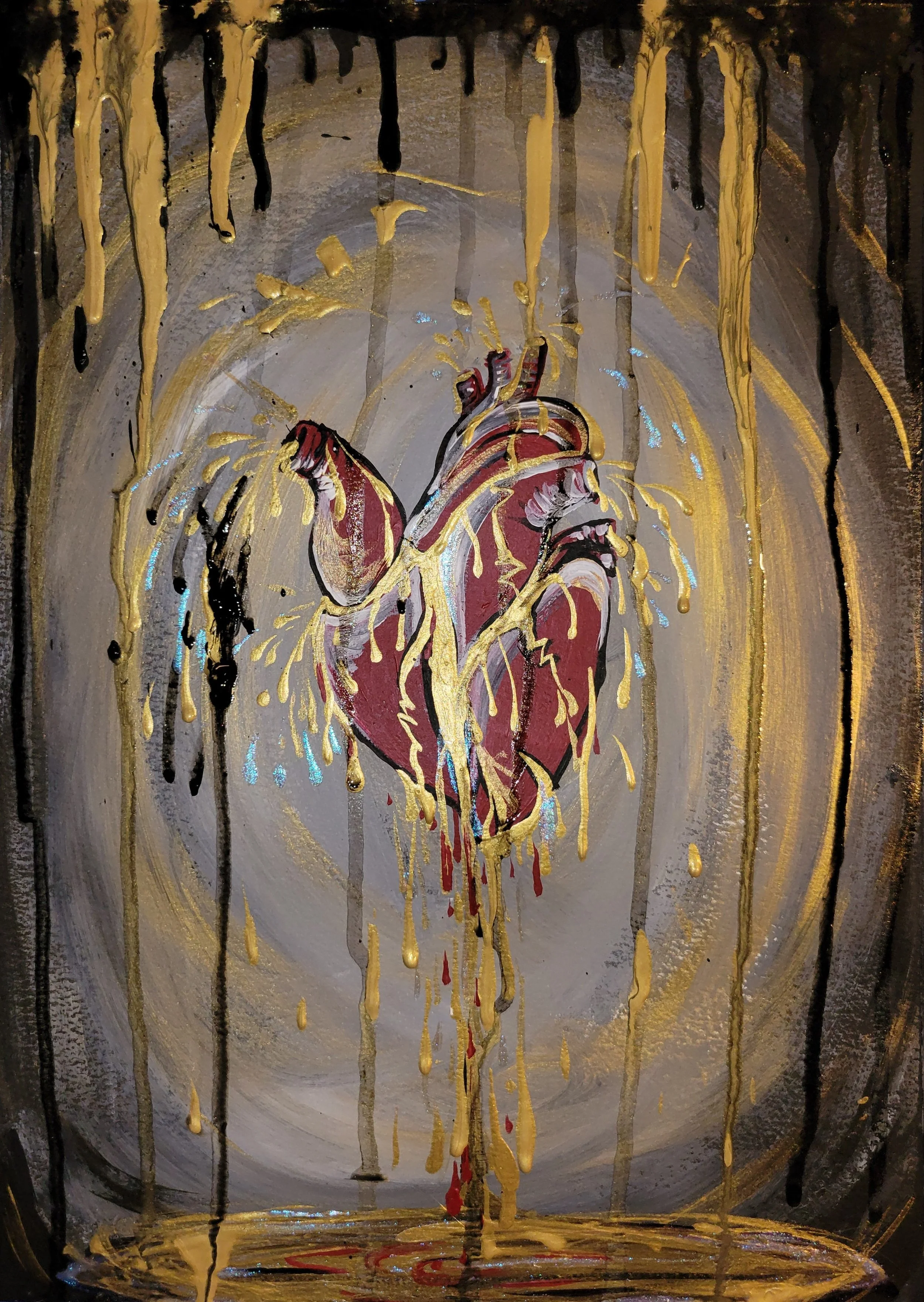 "Heart of Gold" Acrylic painting Atomical heart