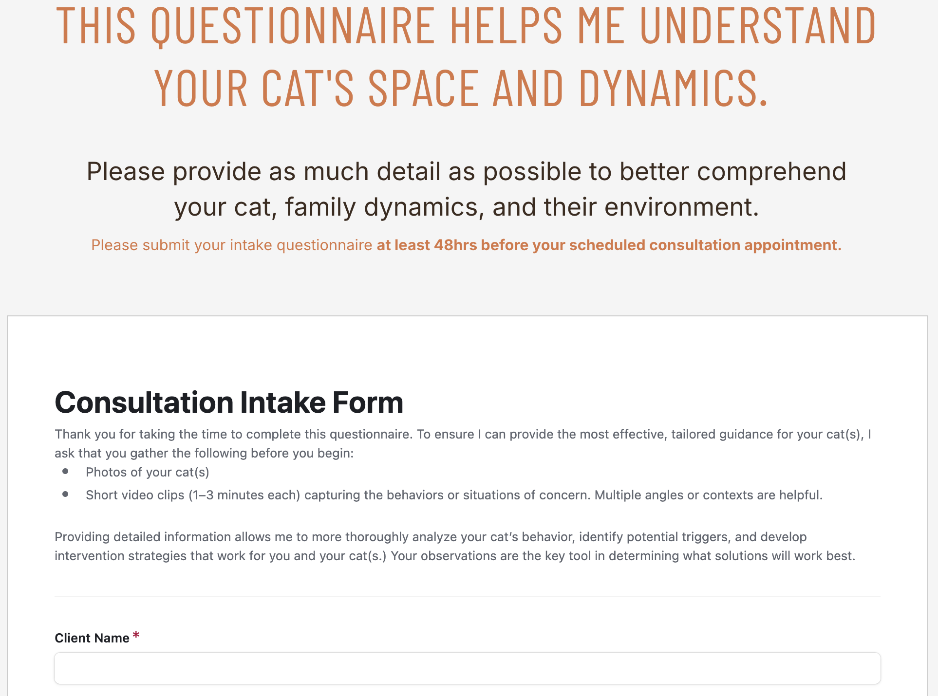 cat behavior intake form