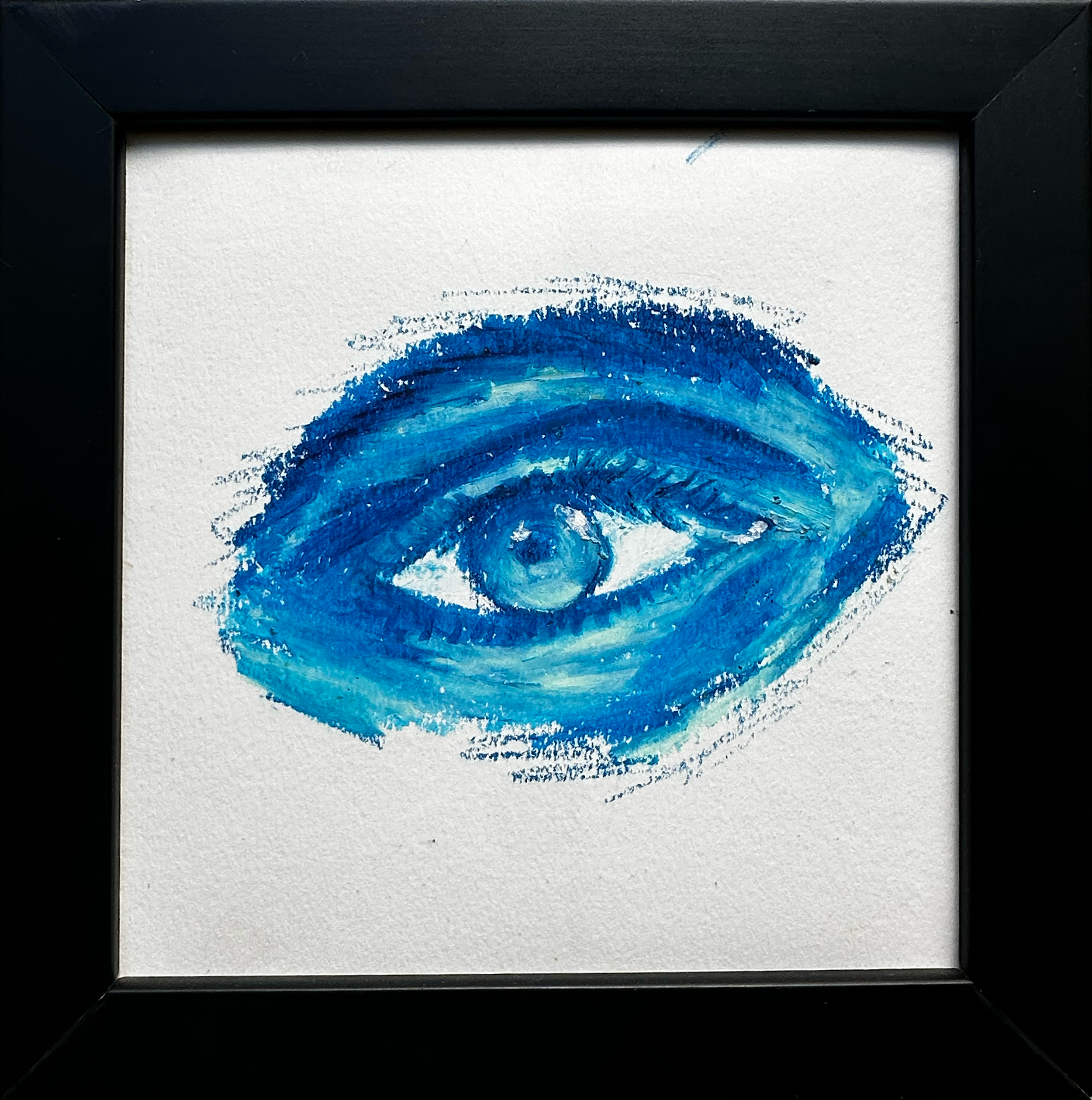 Pintura artística de um olho em tons de azul dentro de uma moldura preta.