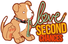 Cartoon dog holding a leash with the words 'Love and Second Chances' in colorful text.