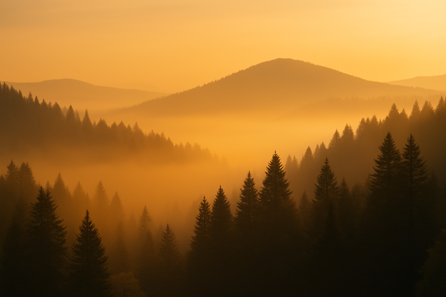 Sunset over a mountain landscape with layers of forested hills and a warm, golden sky.