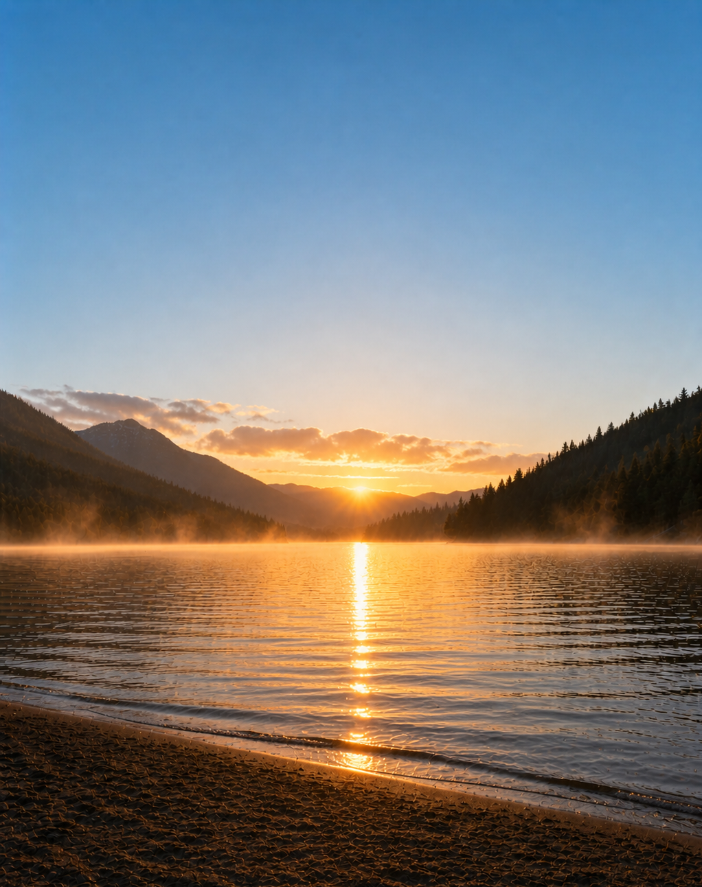 Sunrise over a mountain lake with reflections on the water and mountains on each side.