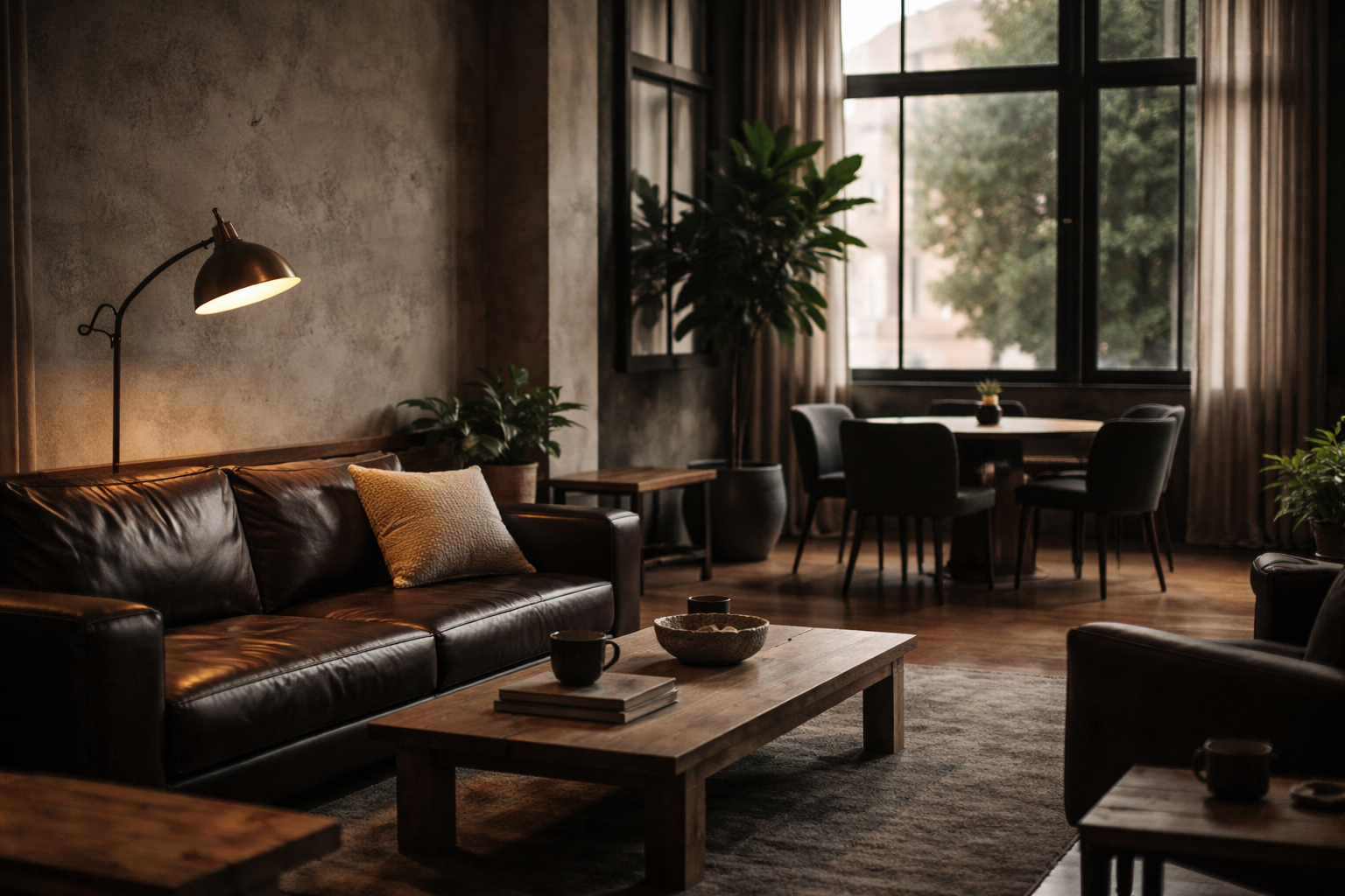 Cozy living room with leather sofa, wooden coffee table, armchair, round dining table with four chairs, large window, potted plants, and warm lighting.