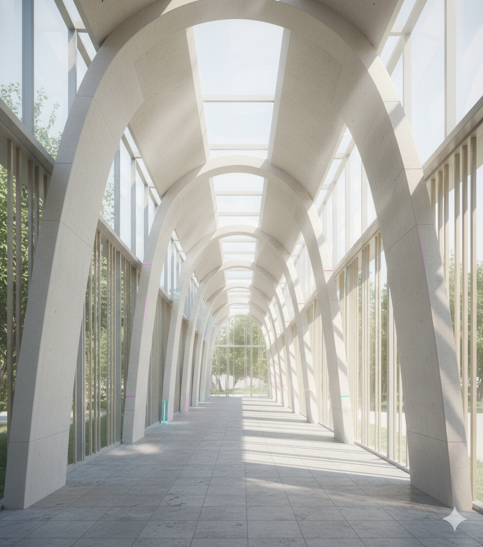 A modern, glass-enclosed walkway with arched beams, sunlight streaming through the roof, and trees visible outside.