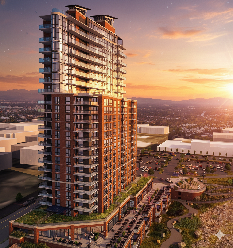 A cityscape at sunset with a modern high-rise building featuring glass balconies and a brick facade, overlooking a parking lot and green landscape.