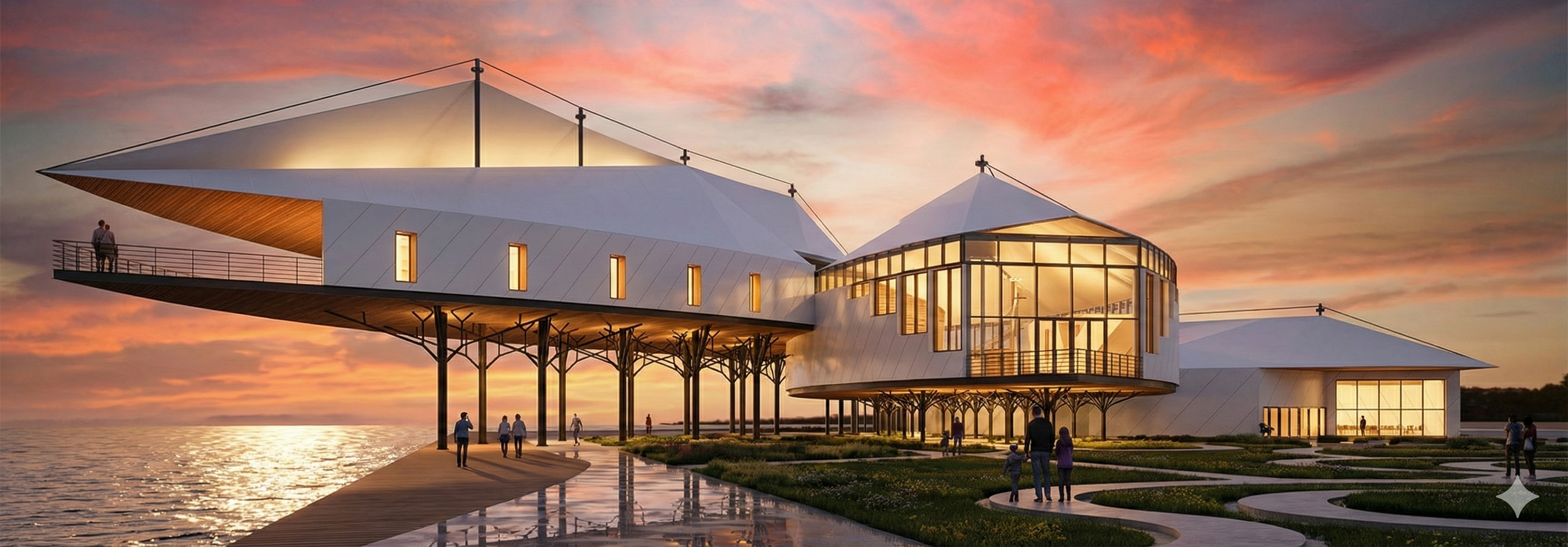 Modern building with curved glass facade and white angular roofs, located by the water at sunset, with people walking on a path and enjoying the view.