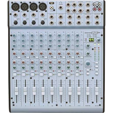 An audio mixing console with multiple channels, knobs, and sliders for volume and effects control.