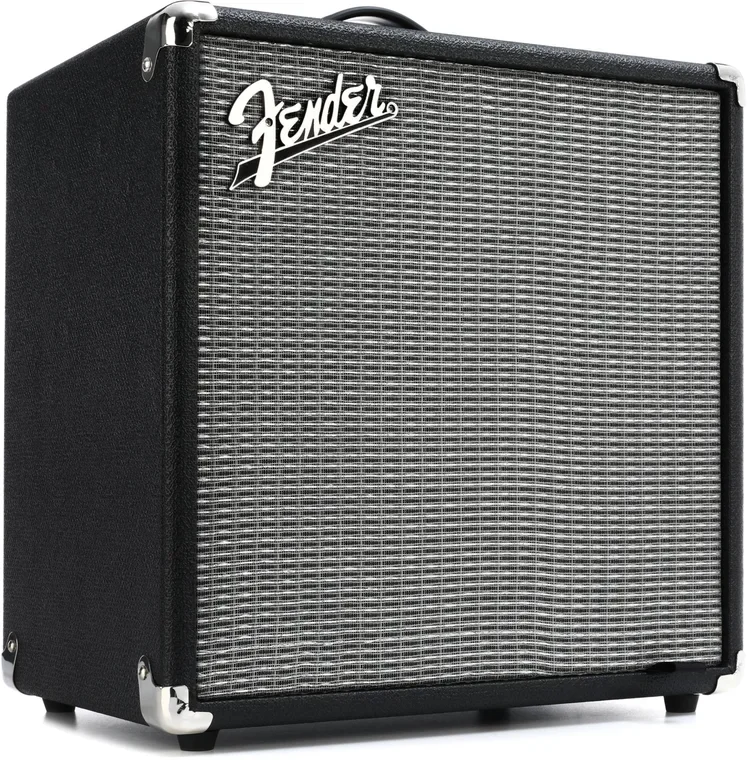A black Fender guitar amplifier with a silver grille and the Fender logo in white.