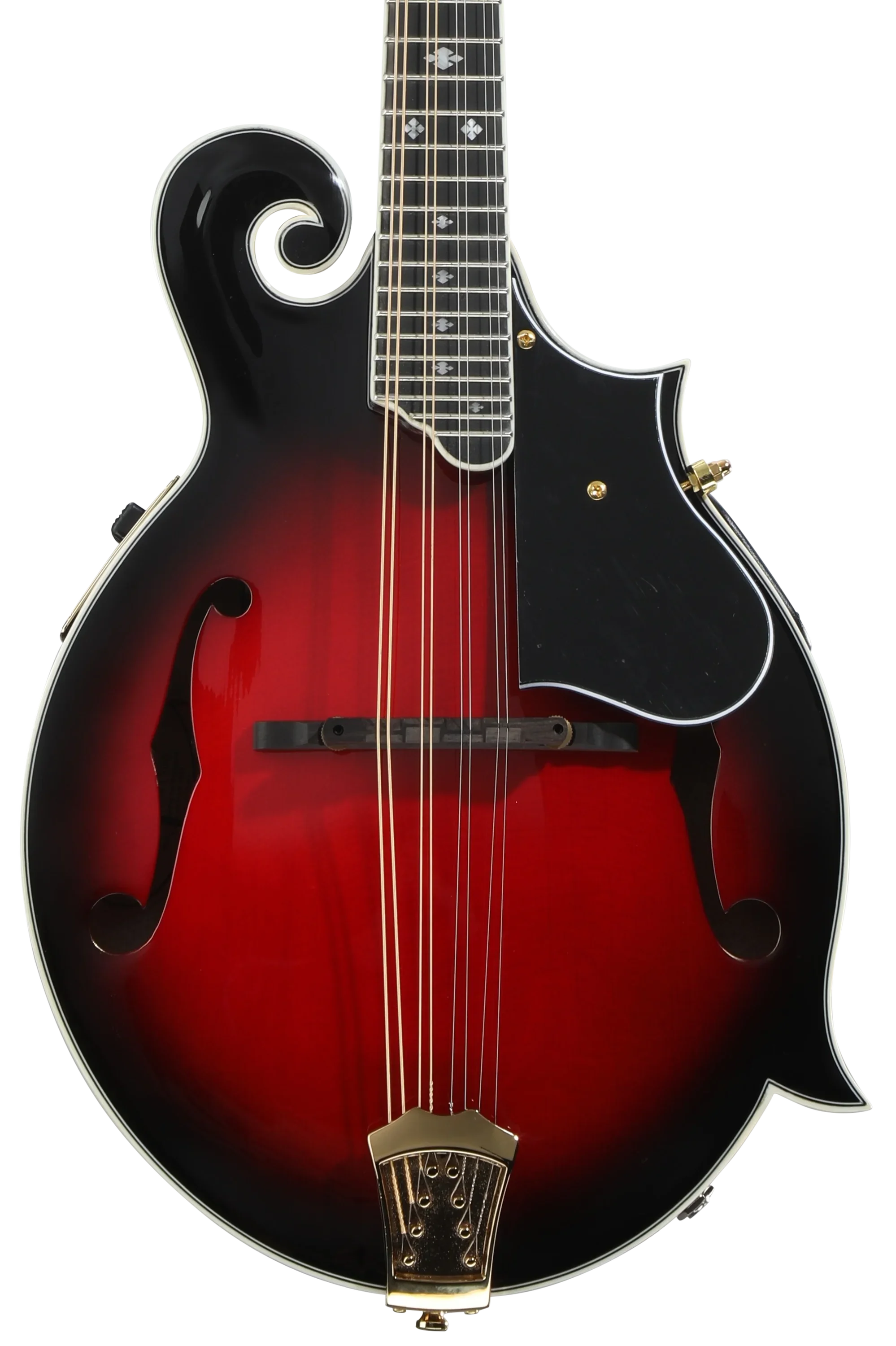 A vintage-style electric mandolin with a sunburst red to black finish, F-holes, and gold hardware.