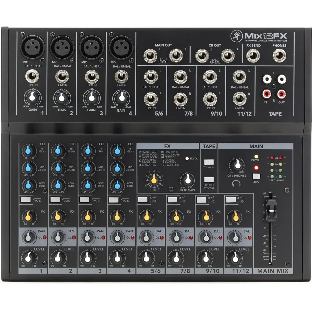 A professional audio mixer designed for live sound and recording, with various input channels, tone controls, effects, and output options.