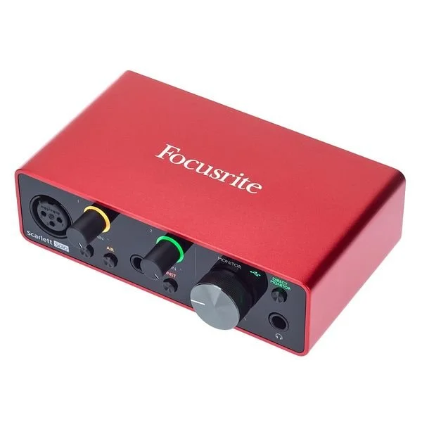 Red Focusrite audio interface with multiple input and output controls, including a headphone jack, knobs for gain, and LED indicators.