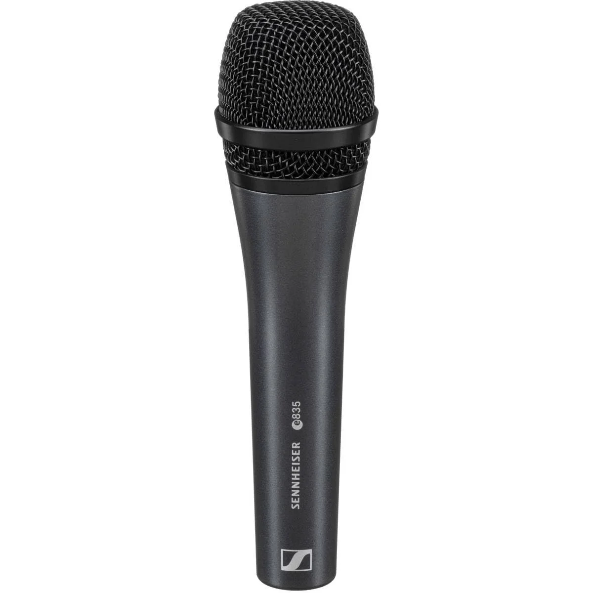 A black handheld microphone with a metal grille, labeled Sennheiser e835.