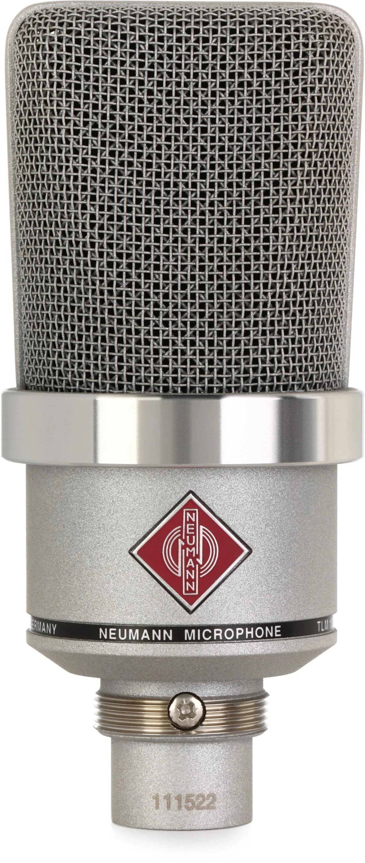 A Neumann microphone with a metal grille and silver body.