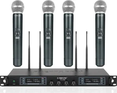 Four wireless microphones and a wireless microphone receiver