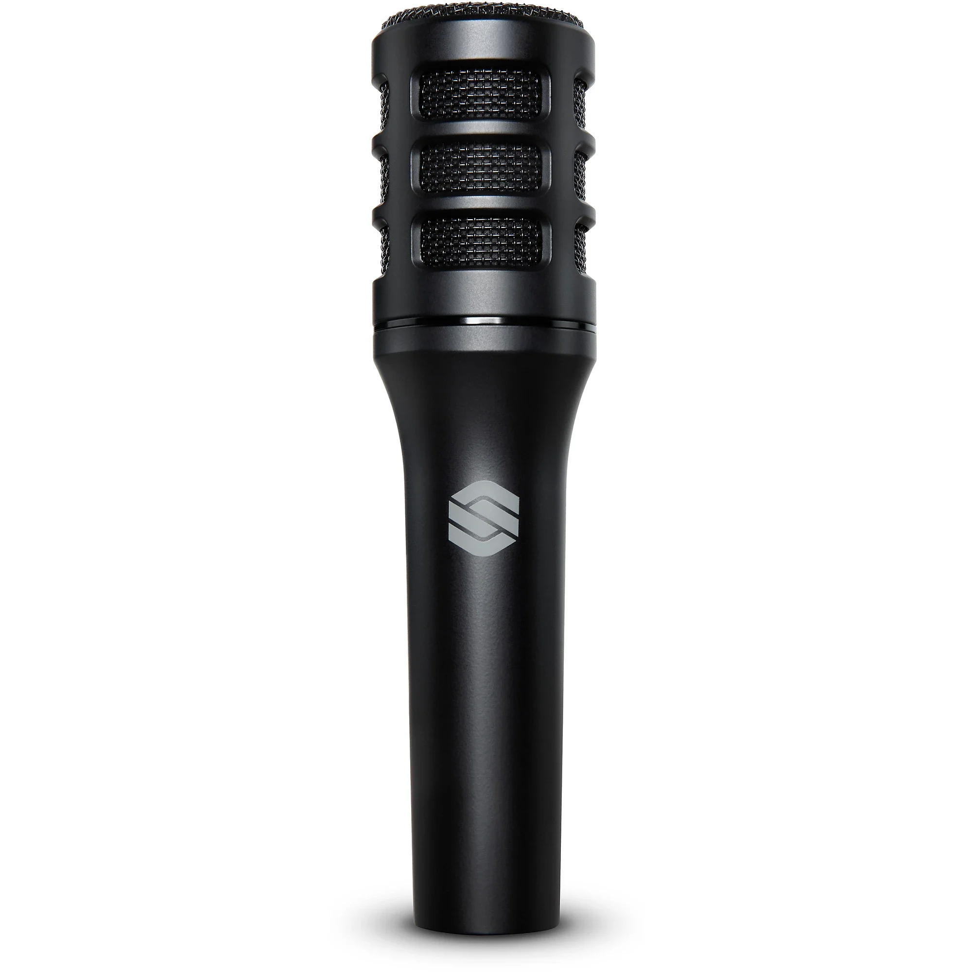 Black handheld microphone with a silver logo on the handle, isolated on white background.