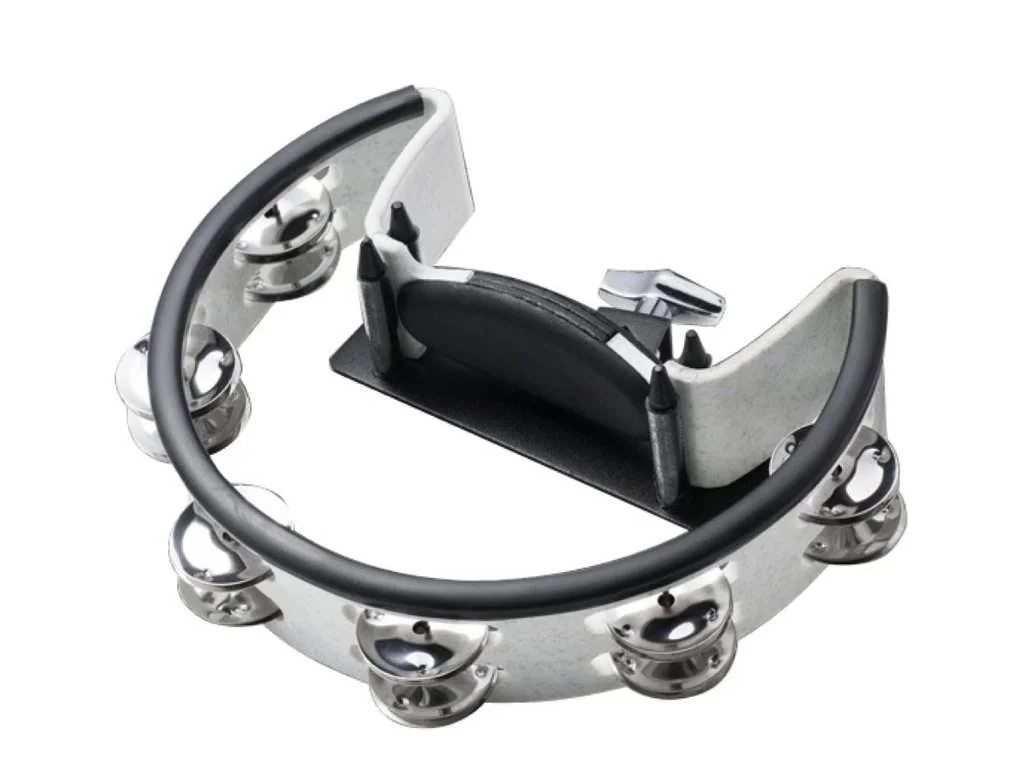 A tambourine with metal jingles and a black padded seat attached, likely used for percussion in music.